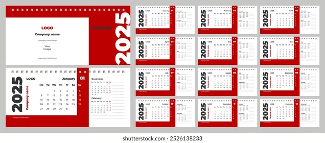 Calendar 2025. Desktop calendar template. Horizontal, English.