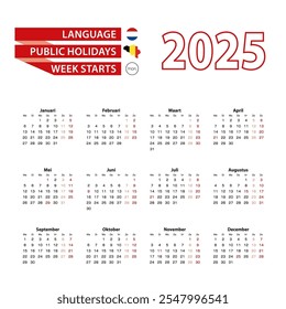 Calendario 2025 en idioma holandés con días festivos en el país de Bélgica en el año 2025. La semana comienza el lunes. Ilustración vectorial.