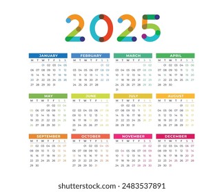 Calendario 2025 Inglés colorido cuadrado Diseño del calendario 2024