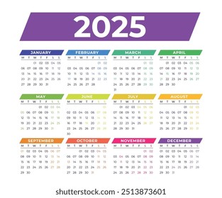 Calendar 2025 english colorful square Calendar design