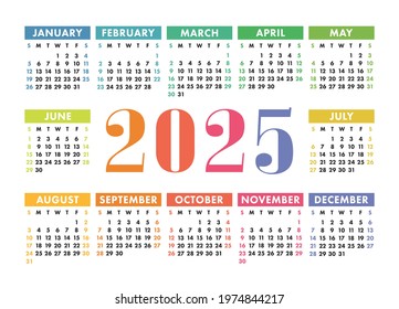 Calendar 2025. English colorful vector horizontal wall or pocket calender template. Design. New year. Week starts on Sunday