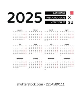 Calendar 2025 English language with Bahrain public holidays. Week starts from Sunday. Graphic design vector illustration.
