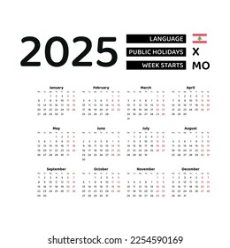 Calendar 2025 English language with Lebanon public holidays. Week starts from Monday. Graphic design vector illustration.