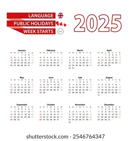 Calendario 2025 en idioma inglés con días festivos en el país de Canadá en el año 2025. La semana comienza a partir del domingo. Ilustración vectorial.