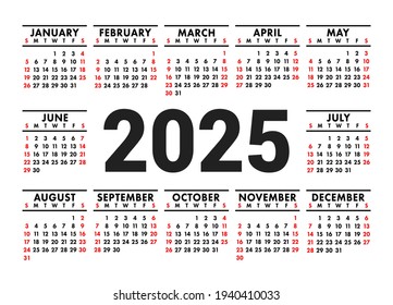 Calendar 2025. English vector horizontal wall or pocket calender template. Black and red design. New year. Week starts on Sunday