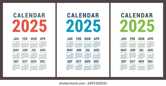 Calendar 2025. English vector set. Vertical wall or pocket calender template. Design collection. New year. Week starts on Sunday