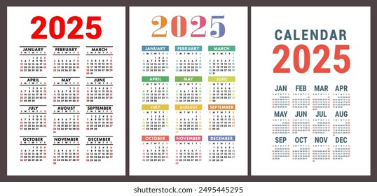 Calendar 2025. English vector set. Vertical wall or pocket calender template. Design collection. New year. Week starts on Sunday