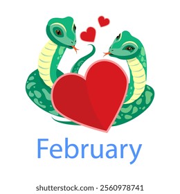 Calendar 2025. February. Cute couple of snakes falling in love. Greeting Card for Valentine's Day 14th February. Children's design