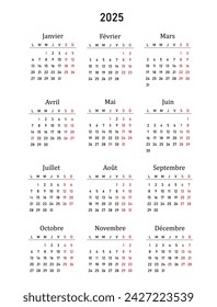 Calendar 2025 in french language with french holidays. Vector illustration