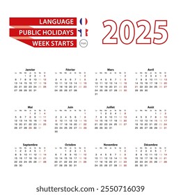 Calendario 2025 en idioma francés con días festivos en el país de Francia en el año 2025. La semana comienza el lunes. Ilustración vectorial.