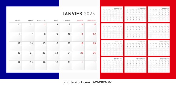 Calendario 2025 en francés. Calendario trimestral mural para 2024 en un estilo minimalista clásico. La semana comienza el lunes. Conjunto de 12 meses. Plantilla de Planificador Corporativo. Formato A4 horizontal. Ilustración del vector