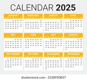 Calendar 2025 Full Editable, Eps Vector Orange