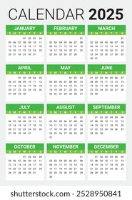 Calendario 2025 Full Editable, Eps Vector Verde