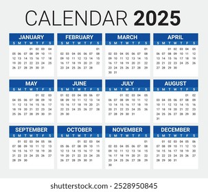 Calendário 2025 Completo Editável, Eps Vetor Azul