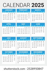 Calendar 2025 Full Editable, Eps Vector Cyan