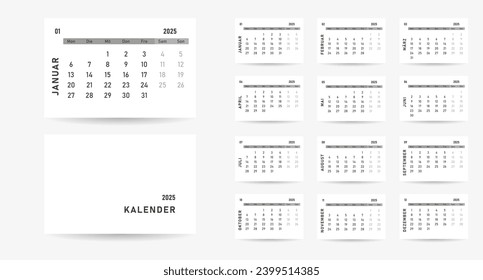 Calendar 2025 in german language. Week start on Monday. Vector graphic