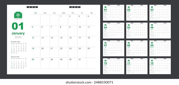 Calendar for 2025 green background, Corporate design planner template.