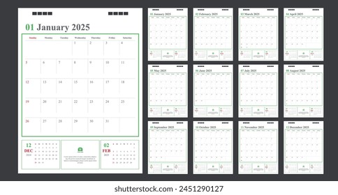 Calendar for 2025 green and red background, Corporate design planner template.