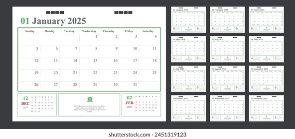 Calendar for 2025 green and red background, Corporate design planner template.