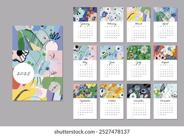 Calendar 2025. Hand drawn printable creative template with floral elements