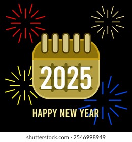 Calendar 2025 happy new year 2025 fireworks Letters numbers calendar drawings gold gold yellow red green white blue end of year Christmas month of December day 31 new year January 1st .eps