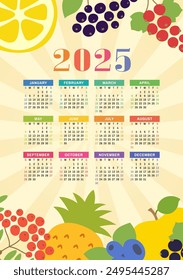 Calendar 2025. Healthy food. Color fruits and berries sketch menu. Fresh rowan, apple, lemon, pineapple, currant, blueberry and chokeberry. Colorful design template. Vector wall poster