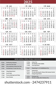 Calendar 2025 with Hong Kong Public Holiday - English ( lunar calendar in Chinese characters)