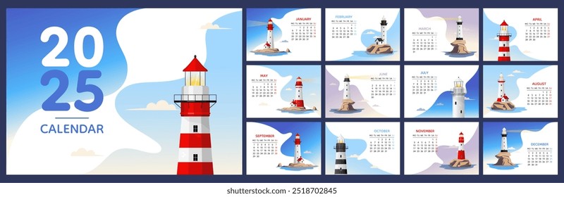 Calendário 2025 modelo horizontal, farol na ilha pelo projeto do mar. Início da semana Na segunda-feira, planejador, parado, calendário de parede. Ilustração vetorial