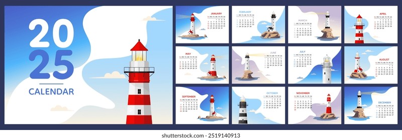 Calendário 2025 modelo horizontal, farol na ilha pelo projeto do mar. Início da semana No domingo, planejador, parado, calendário de parede. Ilustração vetorial