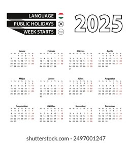 Calendario 2025 en idioma húngaro, la semana comienza el lunes. Vector 2025 año.