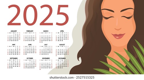 Kalender 2025 mit Illustration einer schönen jungen Frau. Design für einen Schönheitssalon, Business. Jahr, Monate, Wochen und Tage mit Wochentagen auf Englisch. Vektorvorlagenhintergrund