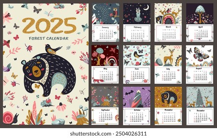 
Calendar for 2025 with images of animals folk art. Monthly calendar. Vector graphics.