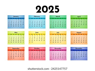 Kalender für 2025 isoliert auf weißem Hintergrund. Sonntag bis Montag, Geschäftsvorlage. Vektorgrafik