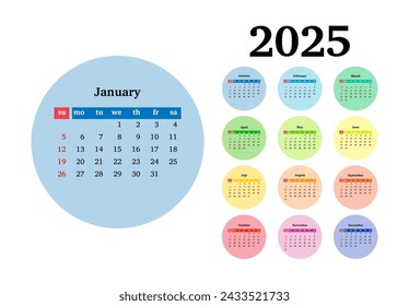 Calendar for 2025 isolated on a white background. Sunday to Monday, business template. Vector illustration