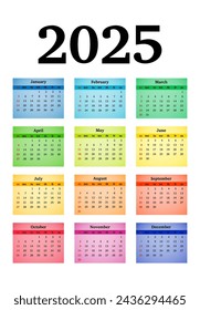 Calendar for 2025 isolated on a white background. Sunday to Monday, business template. Vector illustration