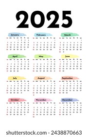 Calendar for 2025 isolated on a white background. Sunday to Monday, business template. Vector illustration