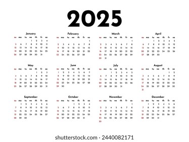 Calendar for 2025 isolated on a white background. Sunday to Monday, business template. Vector illustration