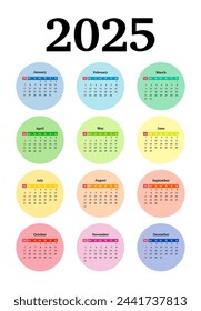 Calendar for 2025 isolated on a white background. Sunday to Monday, business template. Vector illustration