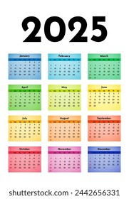 Calendar for 2025 isolated on a white background. Sunday to Monday, business template. Vector illustration