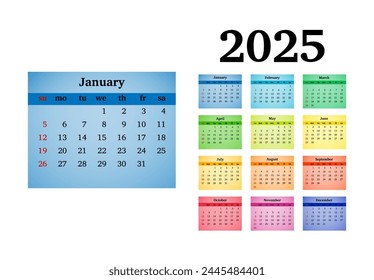 Calendar for 2025 isolated on a white background. Sunday to Monday, business template. Vector illustration