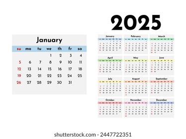 Calendar for 2025 isolated on a white background. Sunday to Monday, business template. Vector illustration