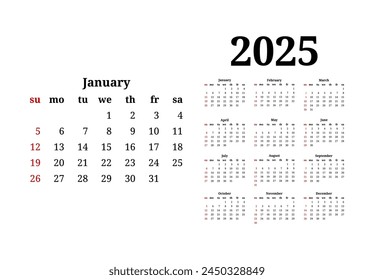 Calendar for 2025 isolated on a white background. Sunday to Monday, business template. Vector illustration