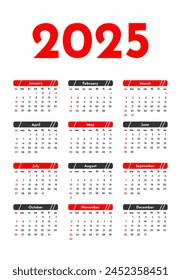 Calendar for 2025 isolated on a white background. Sunday to Monday, business template. Vector illustration