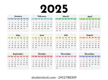 Calendar for 2025 isolated on a white background. Sunday to Monday, business template. Vector illustration