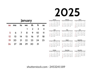 Calendar for 2025 isolated on a white background. Sunday to Monday, business template. Vector illustration
