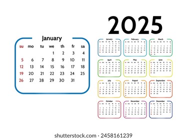 Calendar for 2025 isolated on a white background. Sunday to Monday, business template. Vector illustration