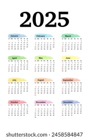 Calendar for 2025 isolated on a white background. Sunday to Monday, business template. Vector illustration