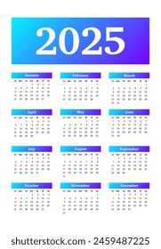 Calendar for 2025 isolated on a white background. Sunday to Monday, business template. Vector illustration