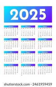 Calendar for 2025 isolated on a white background. Sunday to Monday, business template. Vector illustration