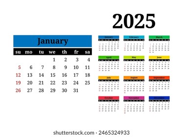 Calendar for 2025 isolated on a white background. Sunday to Monday, business template. Vector illustration